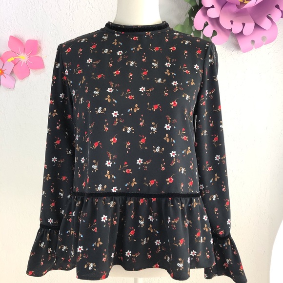 Zara Basic Black Floral Blouse Size S - Picture 1 of 8